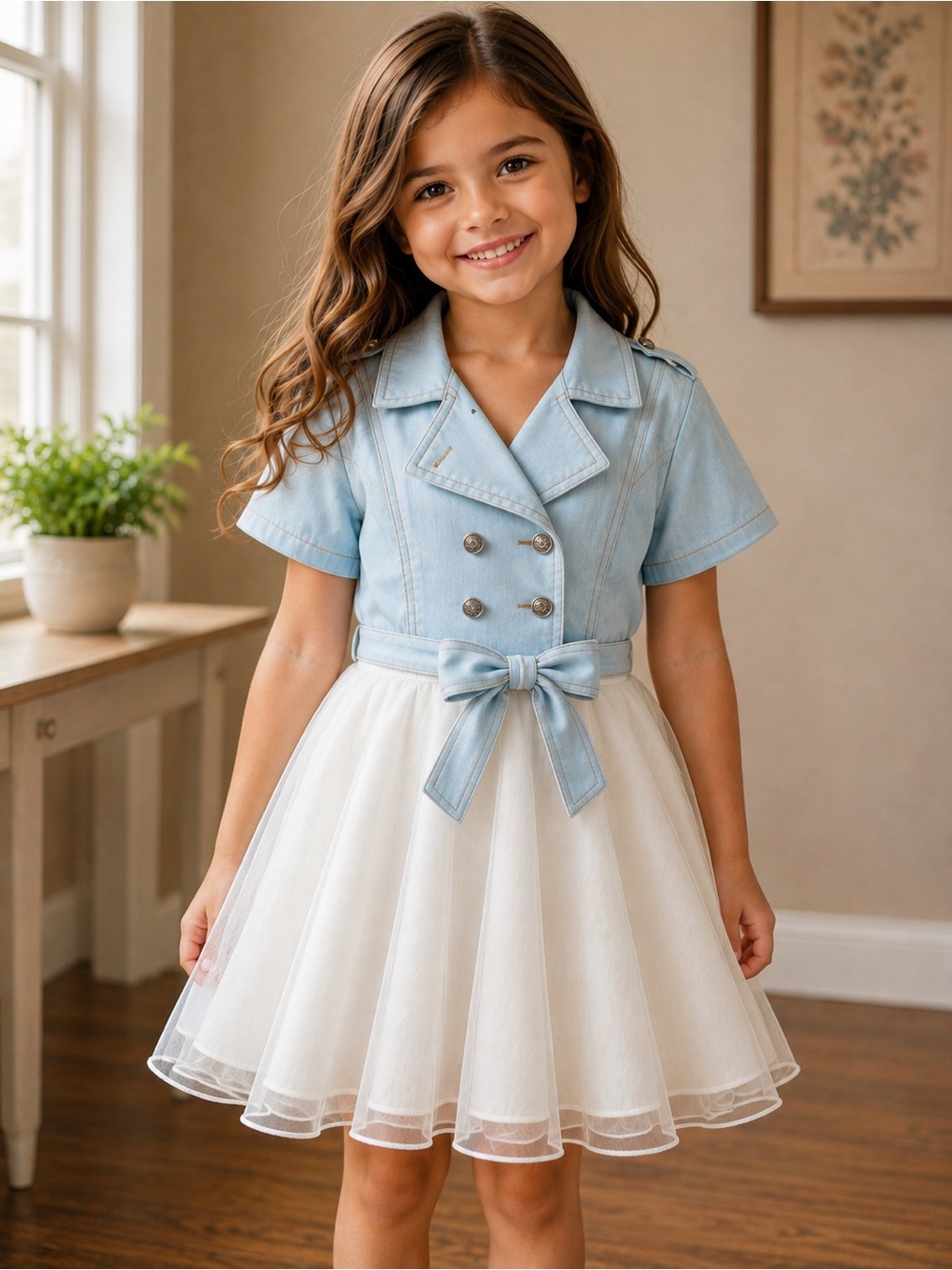 Girls Light Blue Trench-Style Tulle Dress | Size 4T | Special Occasion
